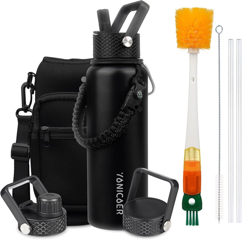 YONICOER Insulated Water Bottle 40oz,Triple Wall Vacuum Stainless Steel(Dishwasher Safe),Leak Proof & Non-BPA,Flask Jug with Paracord Handle & Straw Spout Lids Sports Black - Image 1